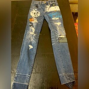 American Eagle Outfitters Hi-Rise Jegging Stretch Punk Rock Patch Art Size 00/24